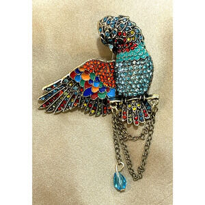 NWOT Parrot Bird Brooch Pin Multicolor Enamel Rhinestone Crystal Brass Plated